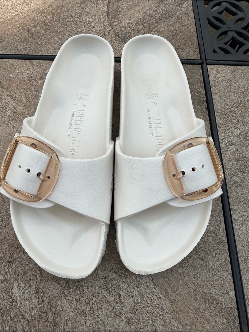 Birkenstock White Madrid EVA Slide Sandals with Tan-Gold Big Buckles